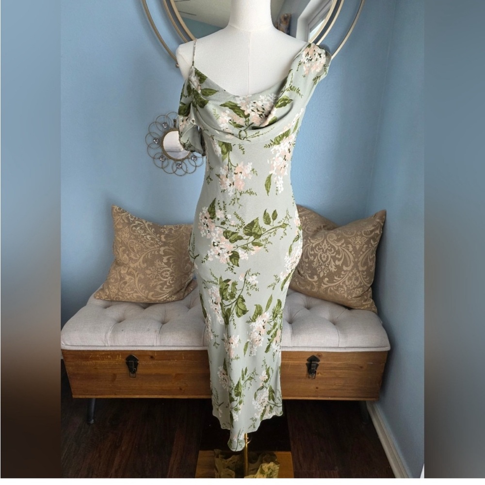 Reformation One Shoulder Floral Dress in Green and White
